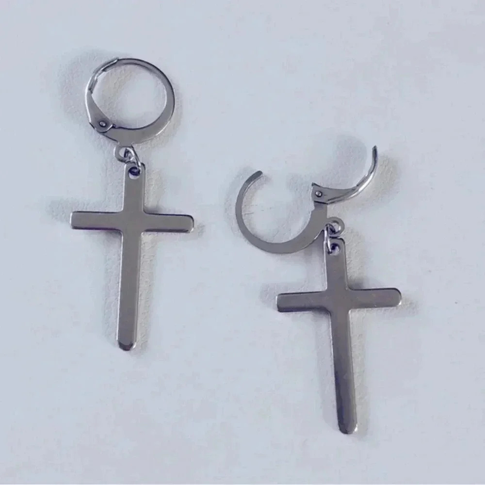 Silver Christian Cross on Hoop Stainless Steel Earrings NWT - Picture 2 of 3